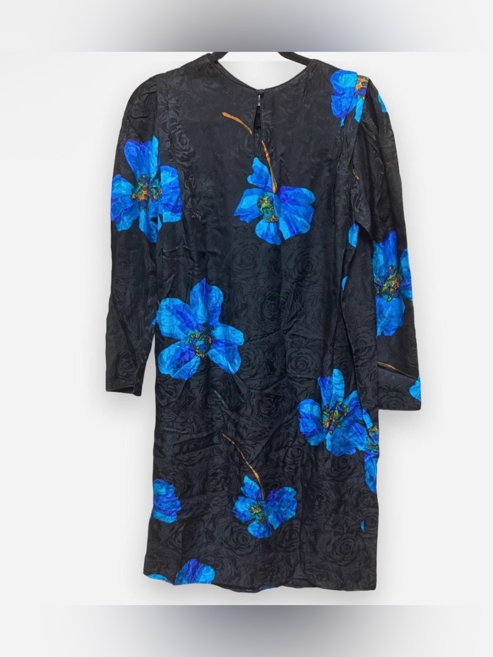 Vintage Papell Petities Black Silk Jacket Dress with Blue and Purple Flowers